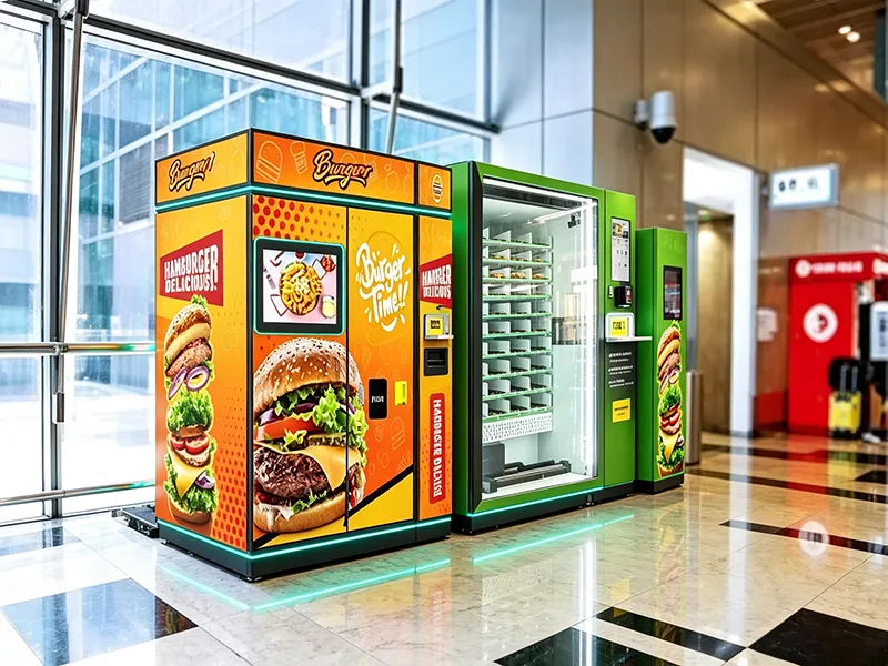 Hot food vending machine serving factory workers