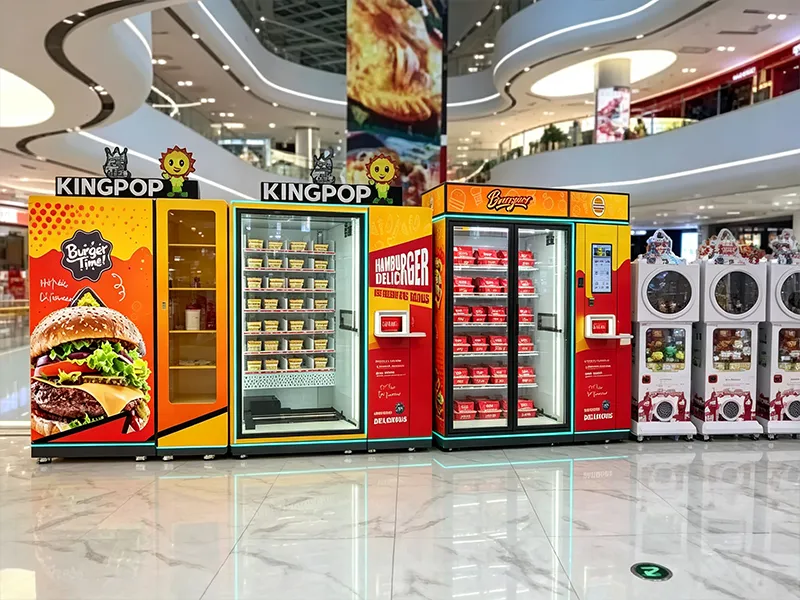 Hot food vending machine in an office building