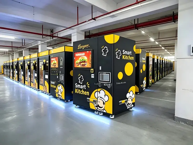 Burger vending machine operating in a shopping mall