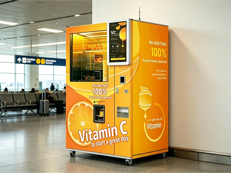 Orange juice vending machine installed at an airport
