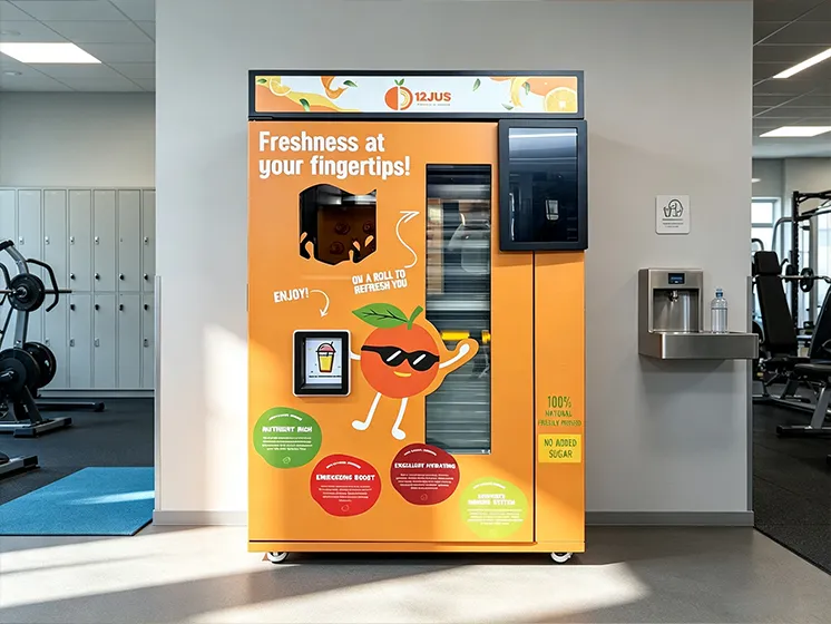Orange juice vending machine installed in a gym