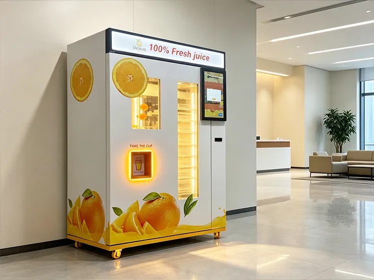 Orange juice vending machine installed in an office building