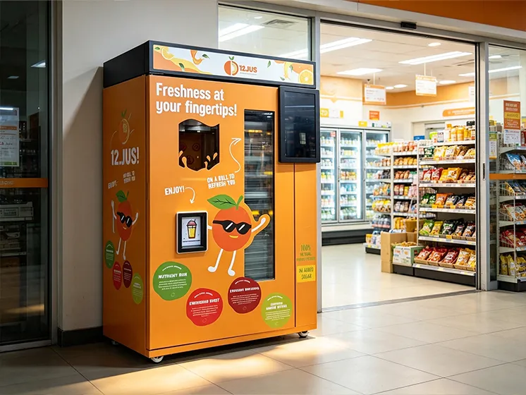 Orange juice vending machine installed in a supermarket