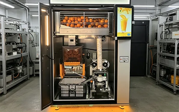 Orange juice vending machine producing fresh juice in 50 to 70 seconds
