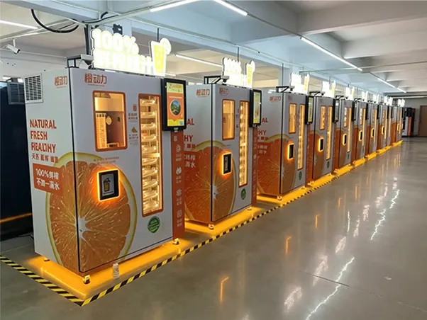 FOODLINE orange juice vending machine in a USA shopping mall